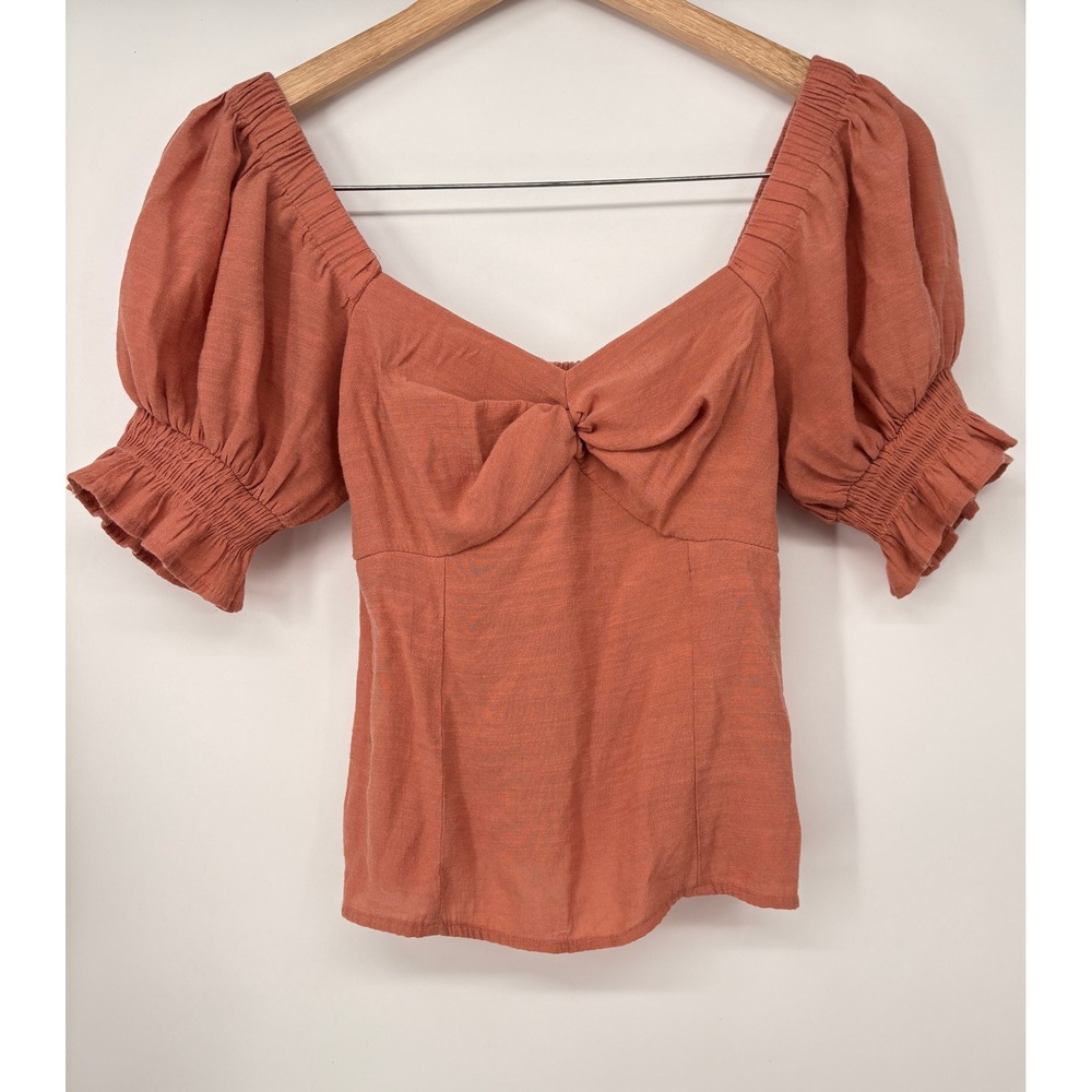 Nine West Womens Top XS Coral Orange Puff Sleeve Sweetheart‎ Smocked Blouse